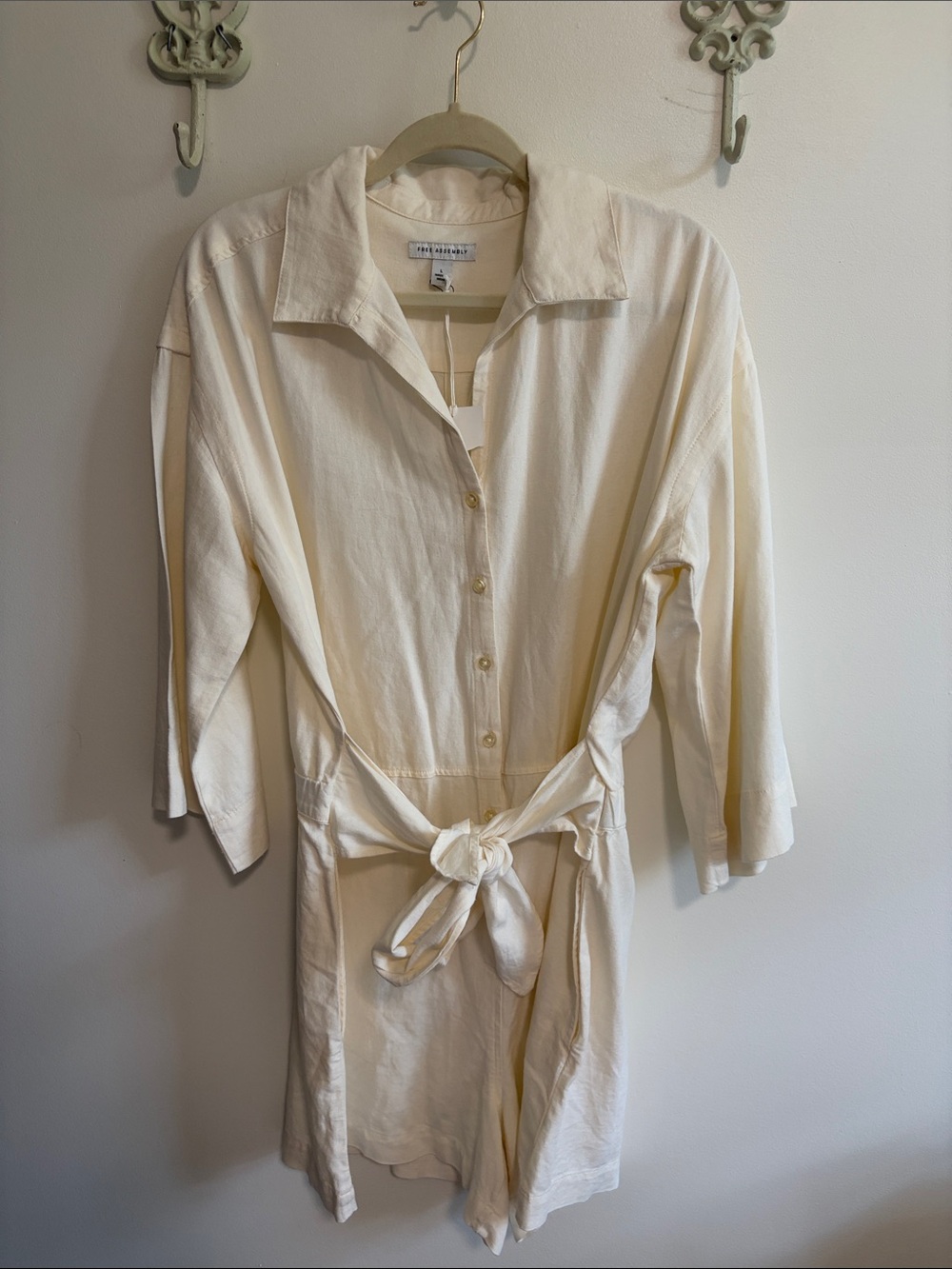 Free People Large Linen Blend Cream Off White 3/4 Sleeve Romper Shorts